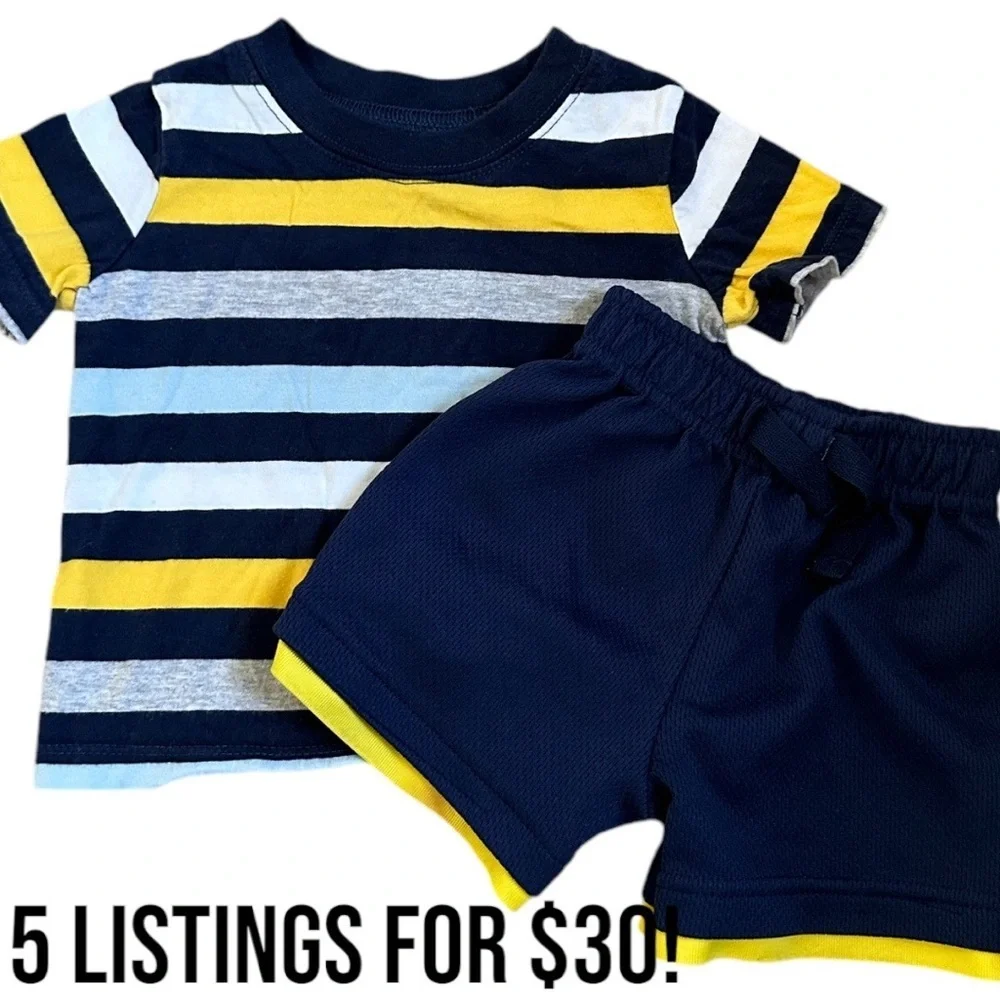 12 M Baby Boy Outfit Athletic Shorts & Stripe Shirt Carter’s Garanimals Clothes